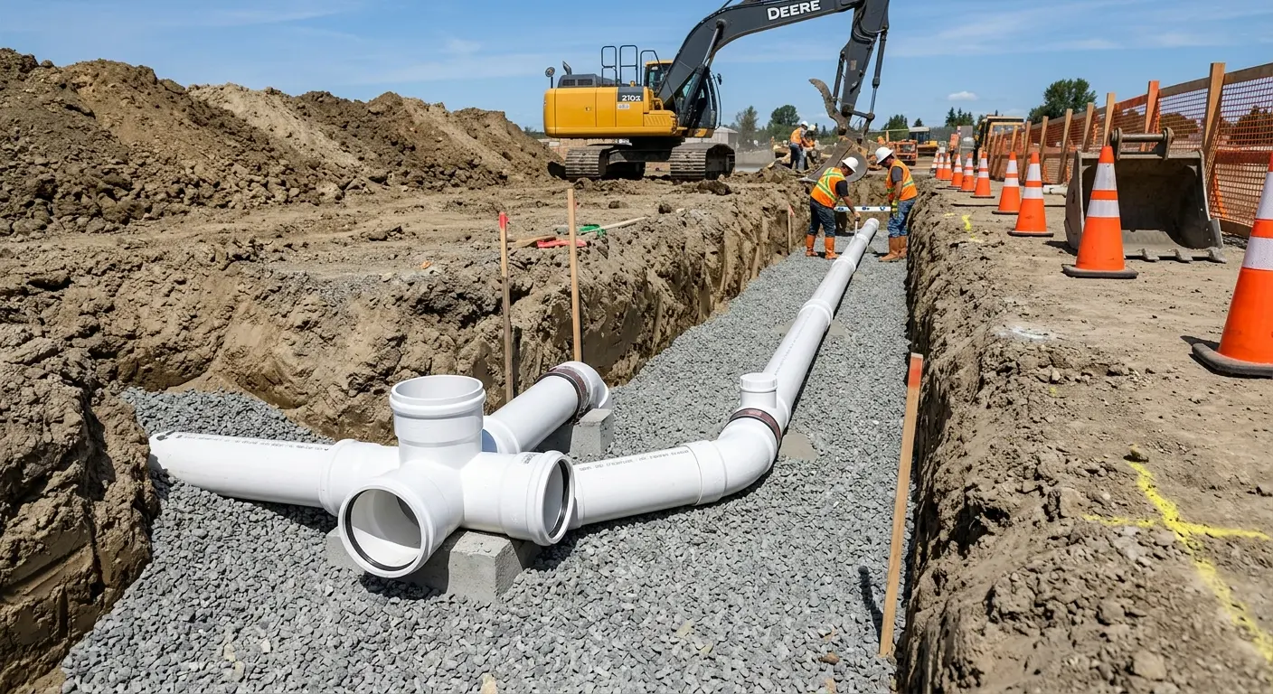 New PVC sewer pipe installation in open trench for Commercial Drain Cleaning in Grand Junction