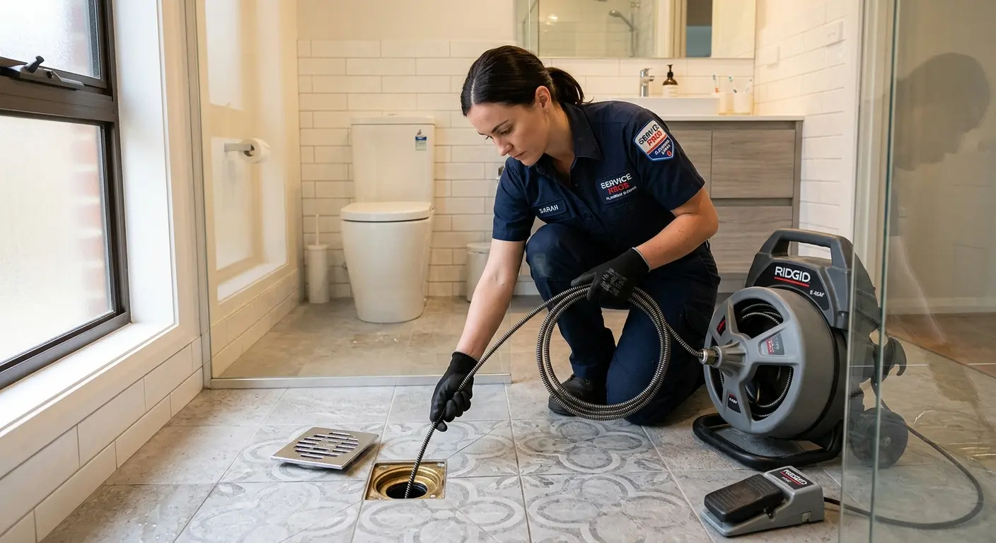 Technician clearing a bathroom floor drain for Clogged Drain Repair in Grand Junction